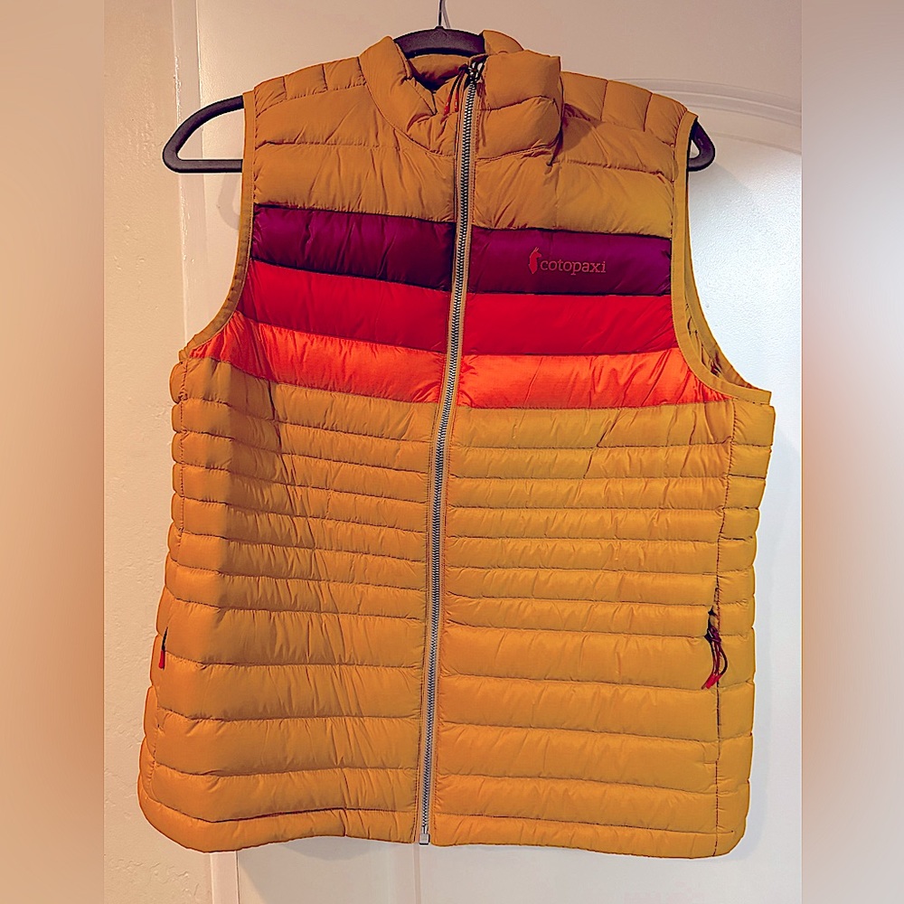 cotopaxi Yellow Puffer Vest with Red and Purple Accents